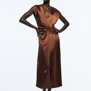 Zara Brown Satin Midi Dress